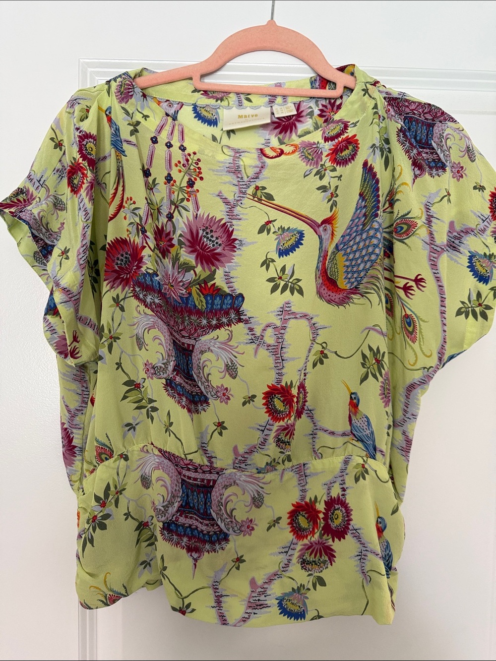 Mauve by Anthropologie Lime Green Floral & Bird Print Women's Top